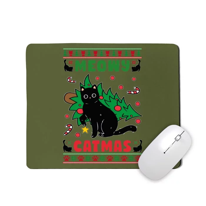 Meowy Catmas Cute Kawaii Cat Christmas Tree Ugly Sweater Mousepad