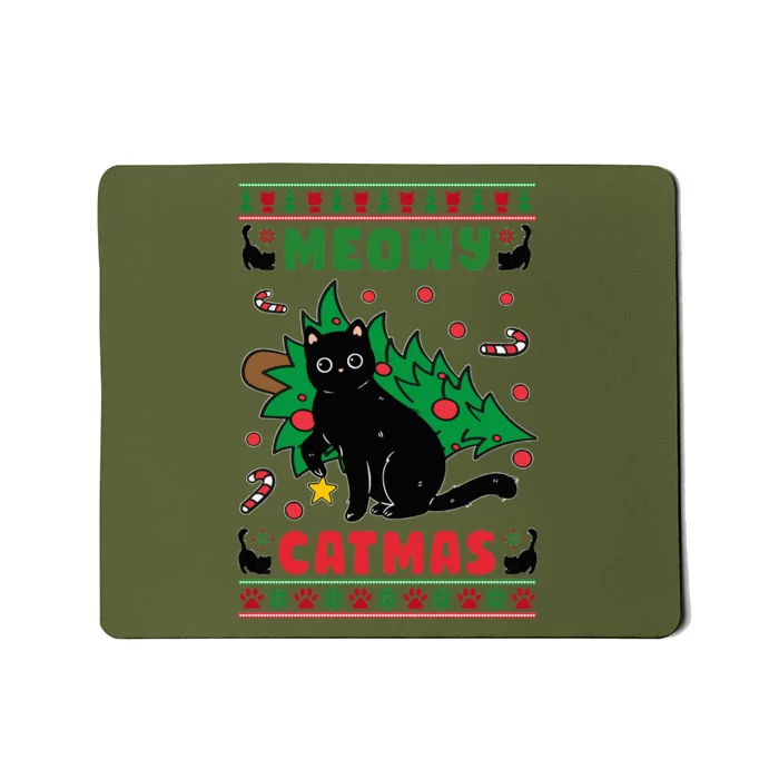 Meowy Catmas Cute Kawaii Cat Christmas Tree Ugly Sweater Mousepad