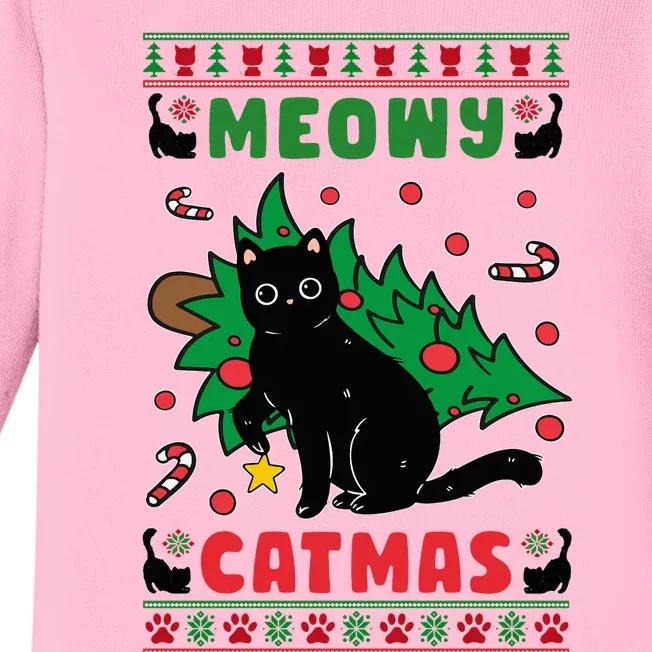 Meowy Catmas Cute Kawaii Cat Christmas Tree Ugly Sweater Baby Long Sleeve Bodysuit