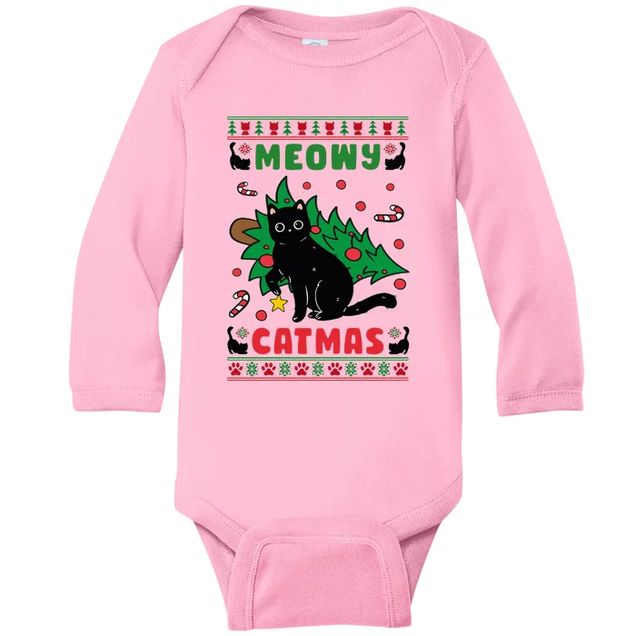 Meowy Catmas Cute Kawaii Cat Christmas Tree Ugly Sweater Baby Long Sleeve Bodysuit