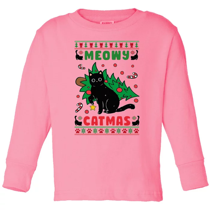 Meowy Catmas Cute Kawaii Cat Christmas Tree Ugly Sweater Toddler Long Sleeve Shirt