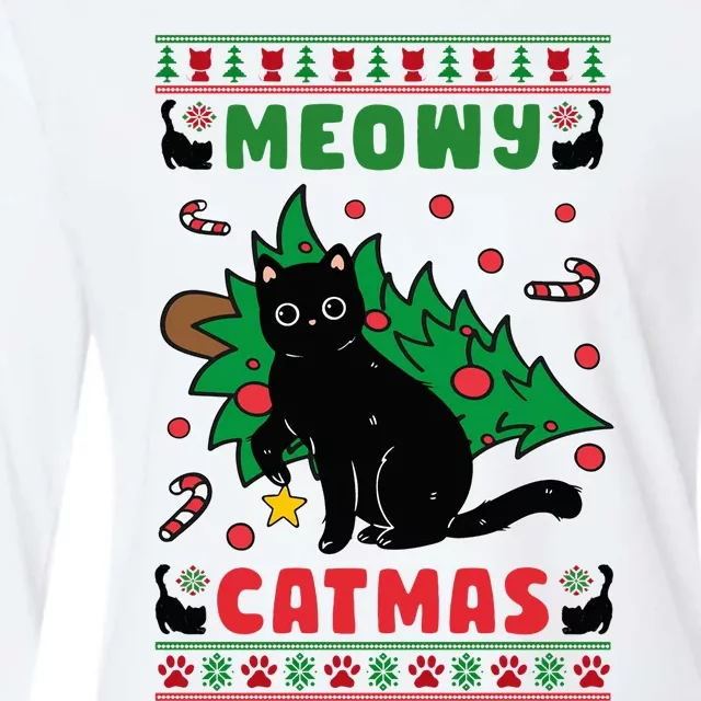 Meowy Catmas Cute Kawaii Cat Christmas Tree Ugly Sweater Womens Cotton Relaxed Long Sleeve T-Shirt