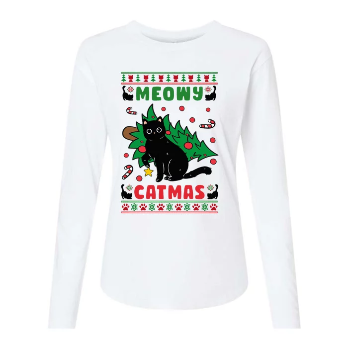 Meowy Catmas Cute Kawaii Cat Christmas Tree Ugly Sweater Womens Cotton Relaxed Long Sleeve T-Shirt