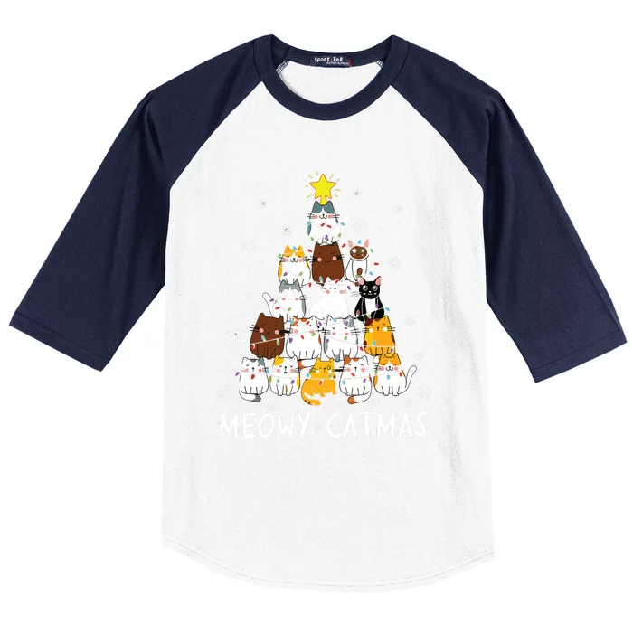 Meowy Catmas Cat Christmas Tree Xmas Funny Santa Baseball Sleeve Shirt