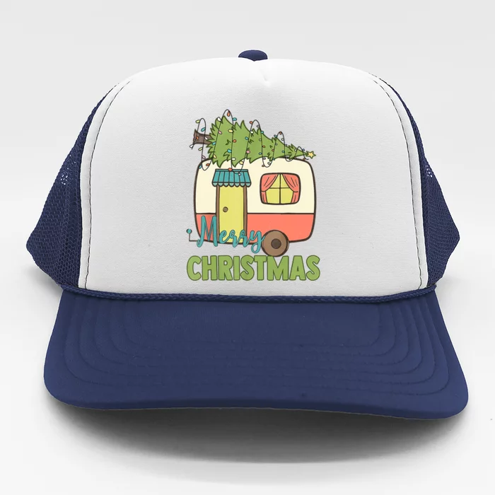 Merry Christmas Camping Van Trailer Xmas Tree Gift Trucker Hat