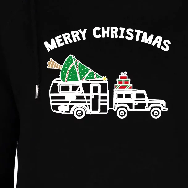 Merry Christmas Caravan Camping RV Trailer Xmas Tree Gift Womens Funnel Neck Pullover Hood