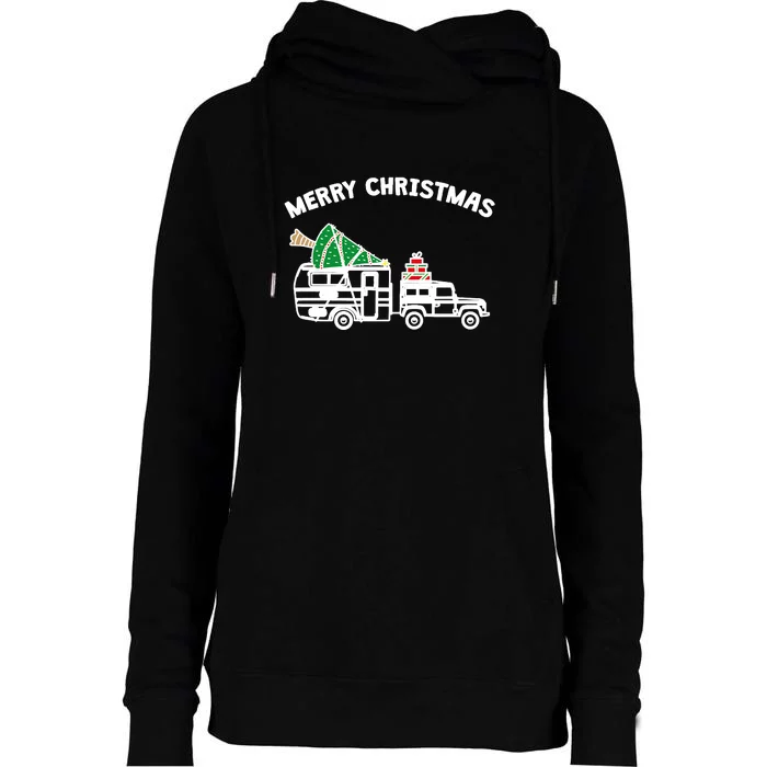 Merry Christmas Caravan Camping RV Trailer Xmas Tree Gift Womens Funnel Neck Pullover Hood