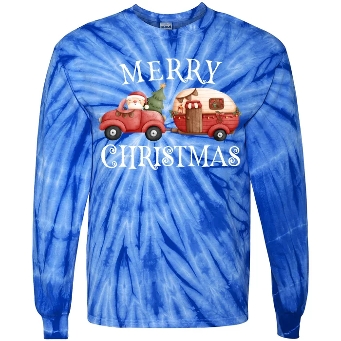 Merry Christmas Camping Cute Santa Claus Red Truck Camper Great Gift Tie-Dye Long Sleeve Shirt