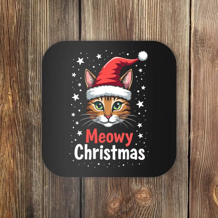 Meowy Christmas Cat In Santa Hat Graphic Coaster