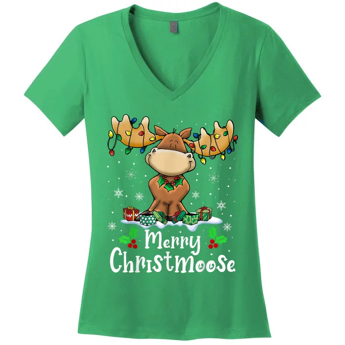 Merry Christmoose Christmas Moose Xmas Lights Women's V-Neck T-Shirt