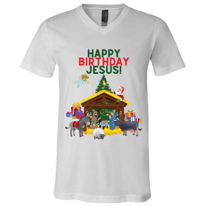 Merry Christmas Christian Happy Birthday Jesus Christ Xmas V-Neck T-Shirt