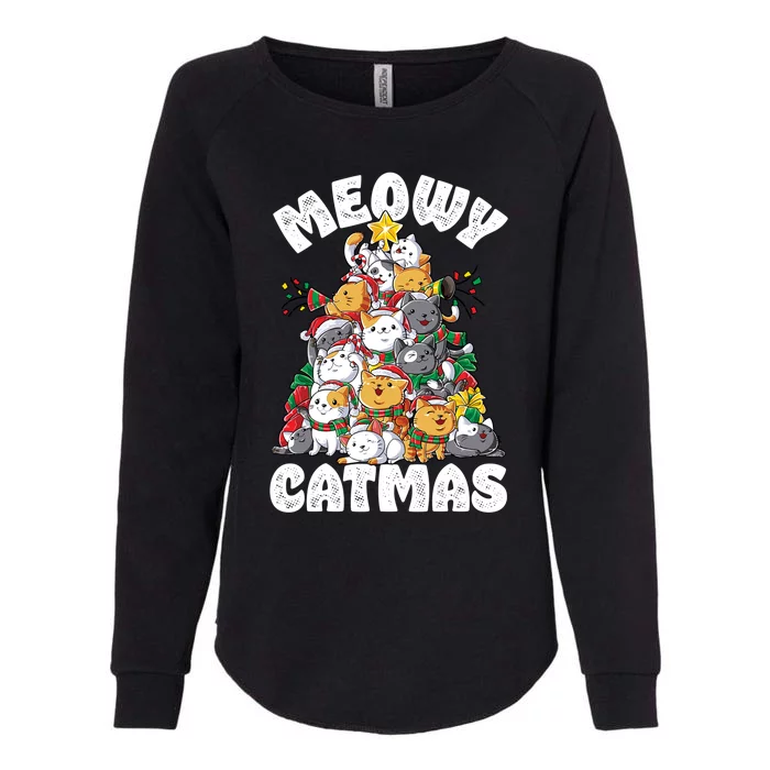 Meowy Catmas Cat Christmas Tree Xmas Girls Boys Funny Santa Gift Womens California Wash Sweatshirt