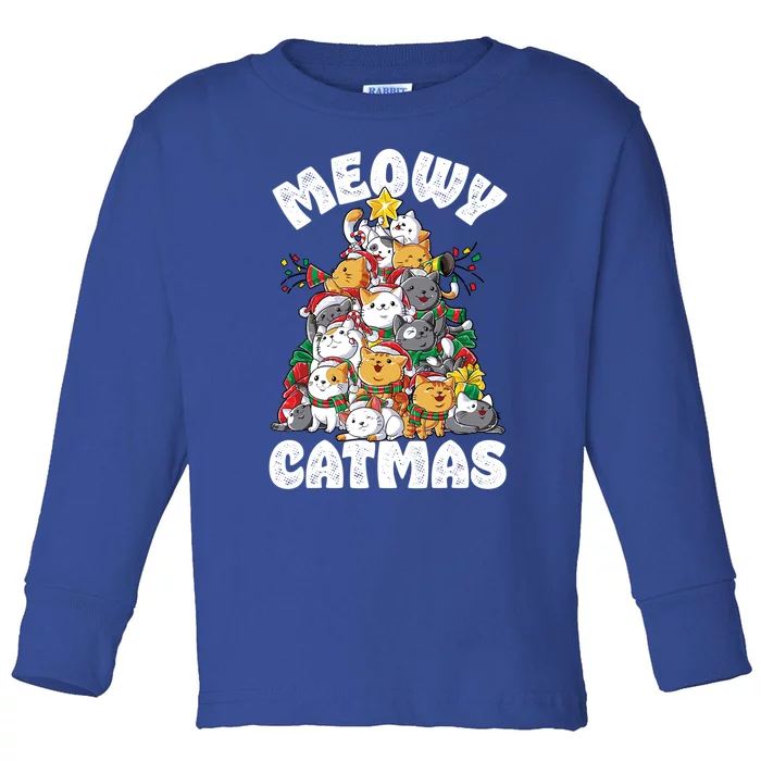 Meowy Catmas Cat Christmas Tree Xmas Girls Boys Funny Santa Gift Toddler Long Sleeve Shirt