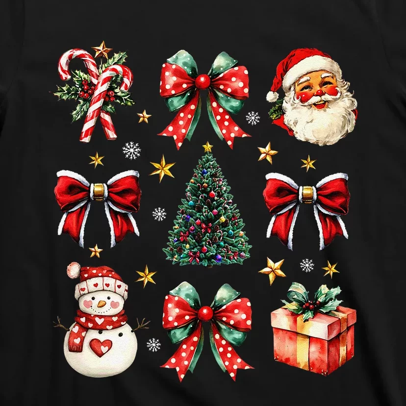 Merry Christmas Coquette Bows Girl Women Santa Claus Snowman T-Shirt