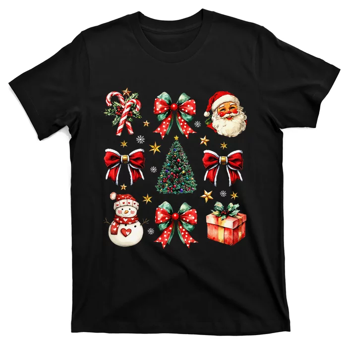 Merry Christmas Coquette Bows Girl Women Santa Claus Snowman T-Shirt