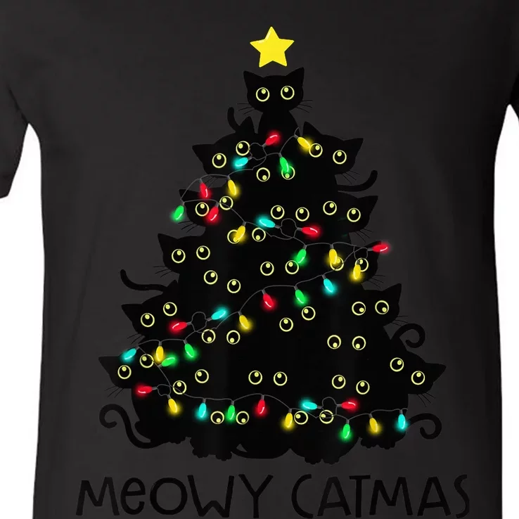 Merry Catmas Cat Christmas Tree Kid Girls Boy Meowy Catmas V-Neck T-Shirt