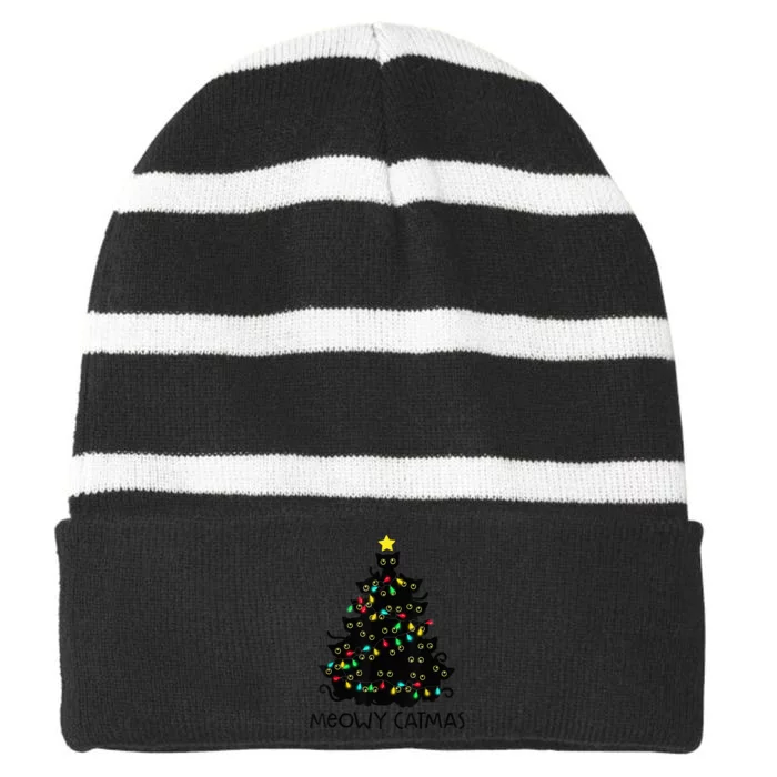 Merry Catmas Cat Christmas Tree Kid Girls Boy Meowy Catmas Striped Beanie with Solid Band