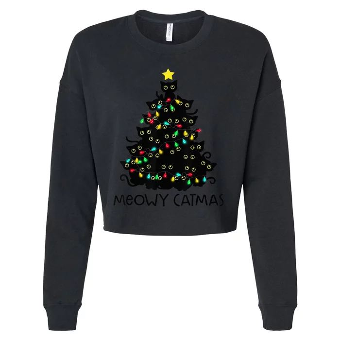 Merry Catmas Cat Christmas Tree Kid Girls Boy Meowy Catmas Cropped Pullover Crew