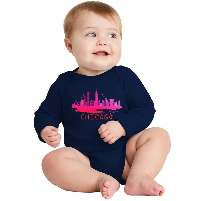 Modern Chicago Cityscape Souvenir Chicago Skyline Baby Long Sleeve Bodysuit