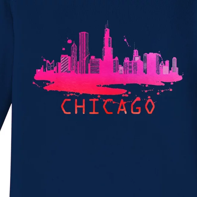 Modern Chicago Cityscape Souvenir Chicago Skyline Baby Long Sleeve Bodysuit