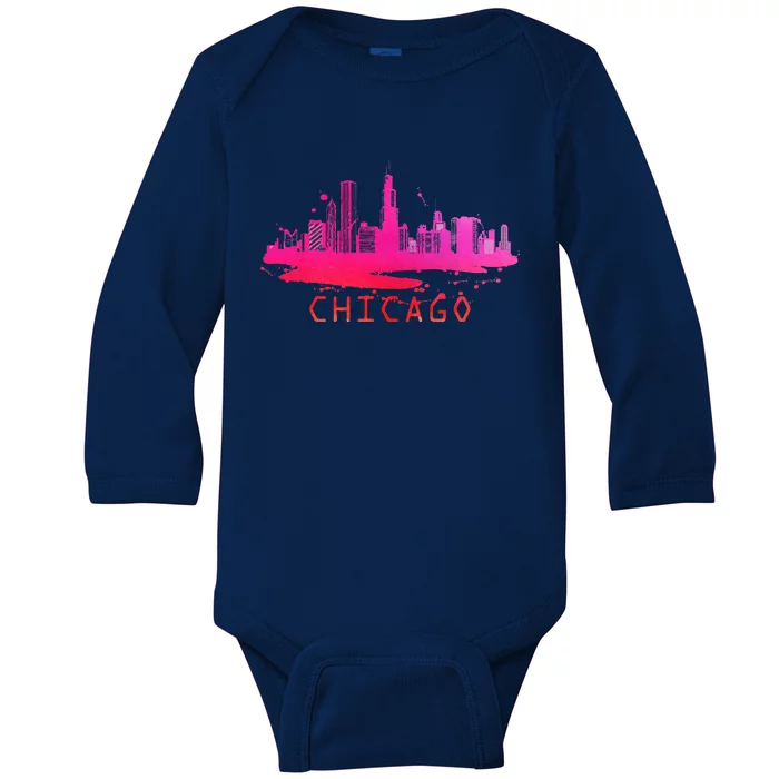 Modern Chicago Cityscape Souvenir Chicago Skyline Baby Long Sleeve Bodysuit