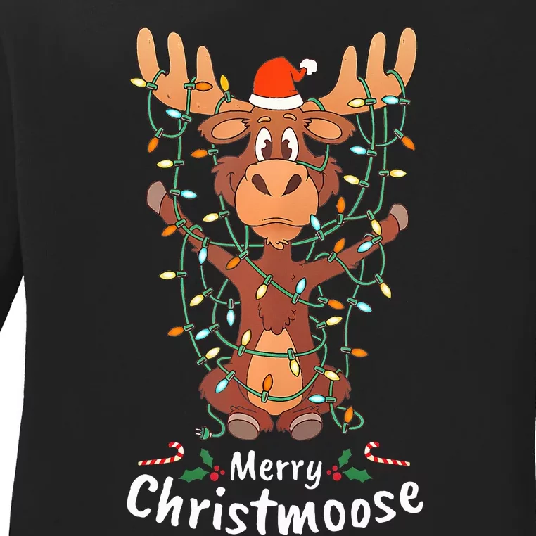 Merry Christmoose Christmas Moose Xmas Tree Lights Gifts Ladies Long Sleeve Shirt