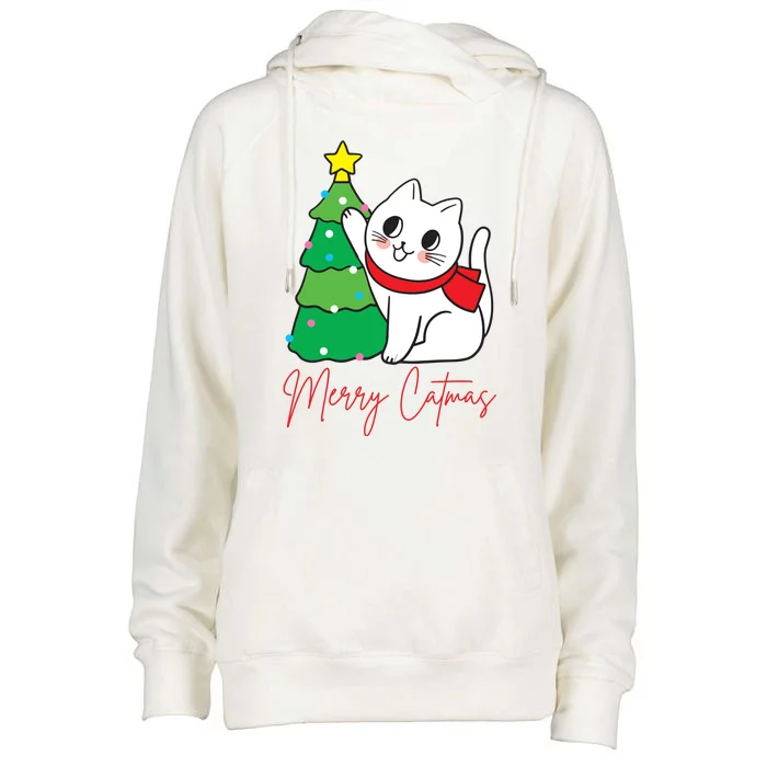 Merry Catmas Cute Christmas Cat Lover Womens Funnel Neck Pullover Hood