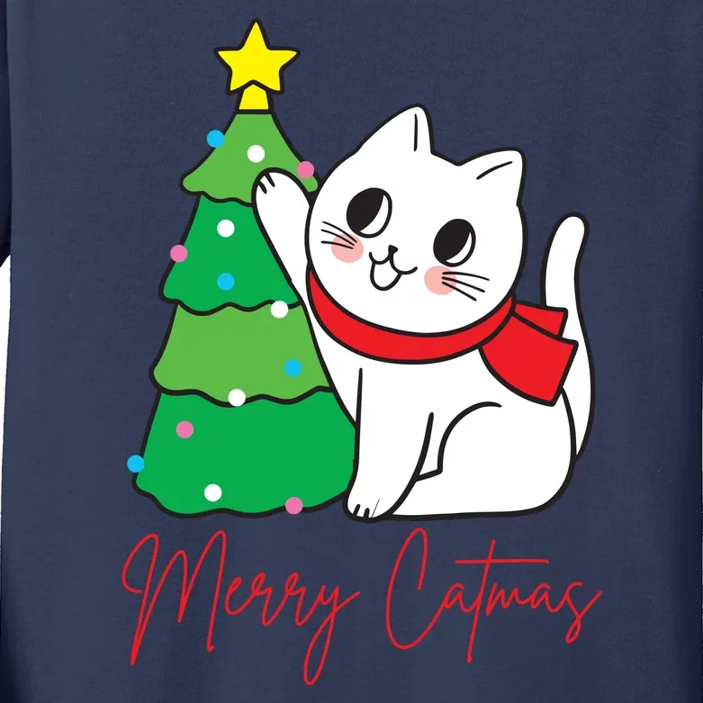 Merry Catmas Cute Christmas Cat Lover Kids Long Sleeve Shirt