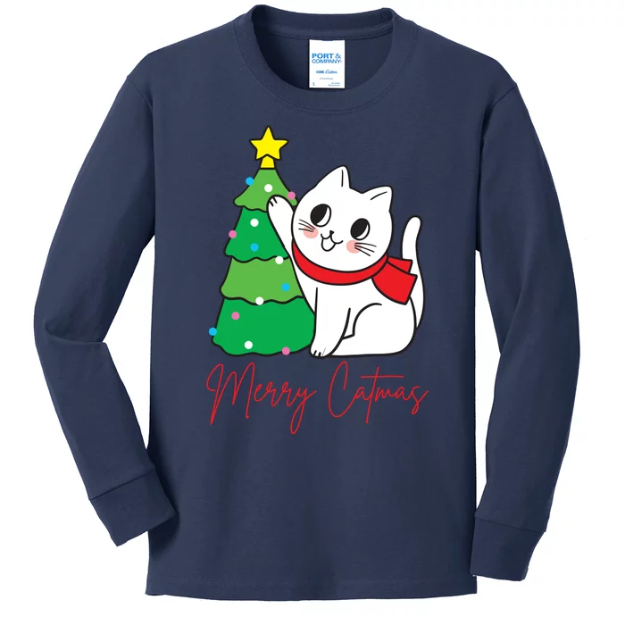 Merry Catmas Cute Christmas Cat Lover Kids Long Sleeve Shirt