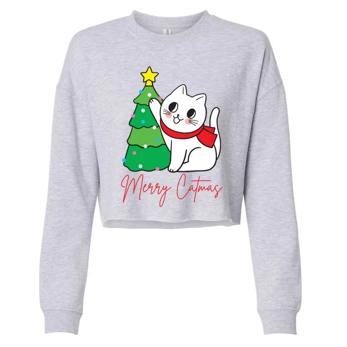 Merry Catmas Cute Christmas Cat Lover Cropped Pullover Crew