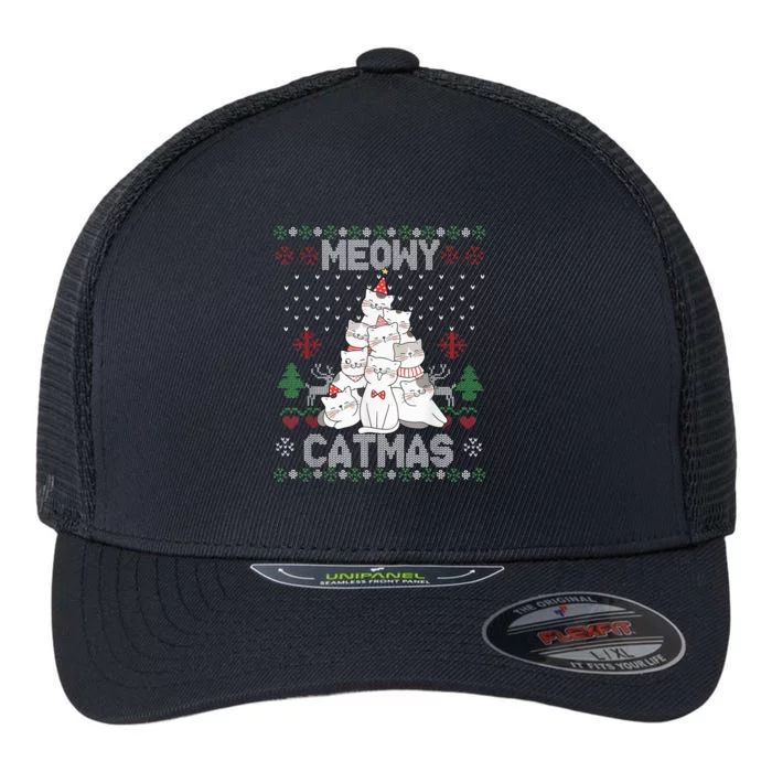 Meowy Catmas Cute Cats Christmas Tree Ugly Sweater For Lover Flexfit Unipanel Trucker Cap