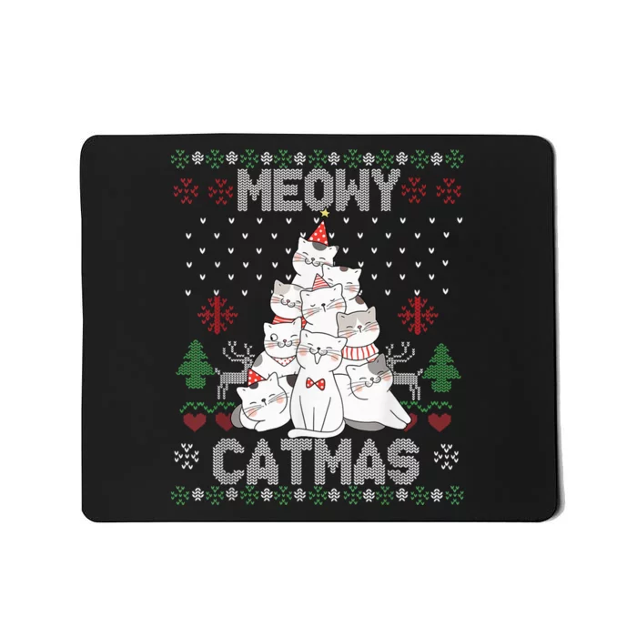 Meowy Catmas Cute Cats Christmas Tree Ugly Sweater For Lover Mousepad