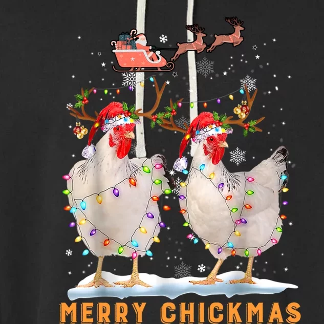 Merry Chickmas Chicken Christmas Ornat Lights Santa Hat Funny Gift Garment-Dyed Fleece Hoodie