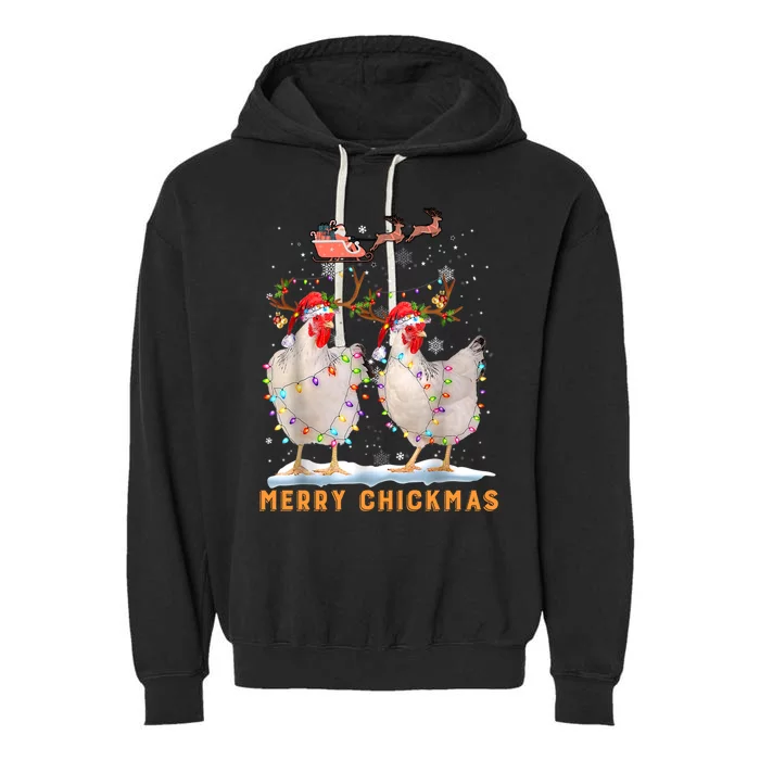 Merry Chickmas Chicken Christmas Ornat Lights Santa Hat Funny Gift Garment-Dyed Fleece Hoodie