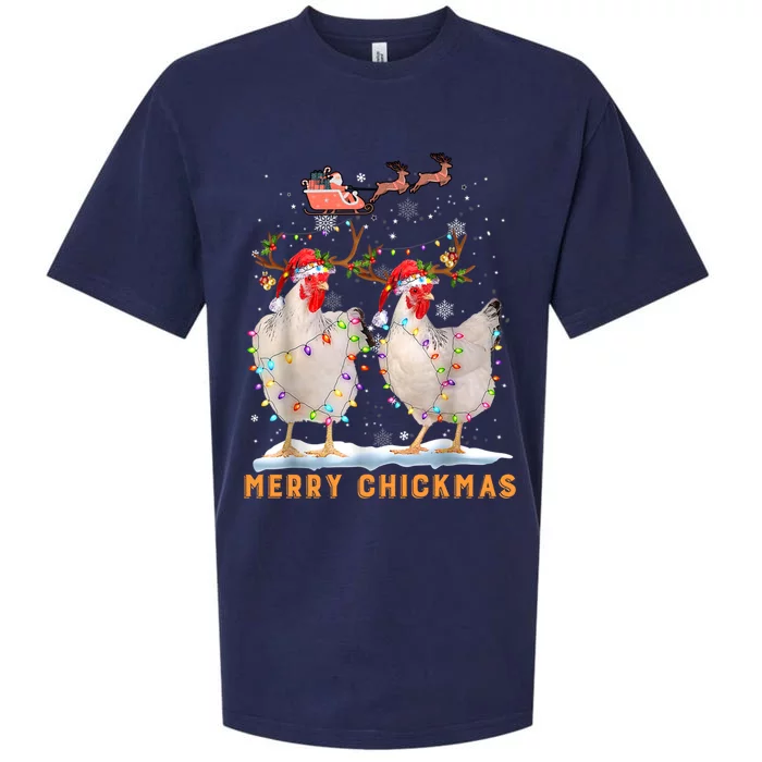 Merry Chickmas Chicken Christmas Ornat Lights Santa Hat Funny Gift Sueded Cloud Jersey T-Shirt