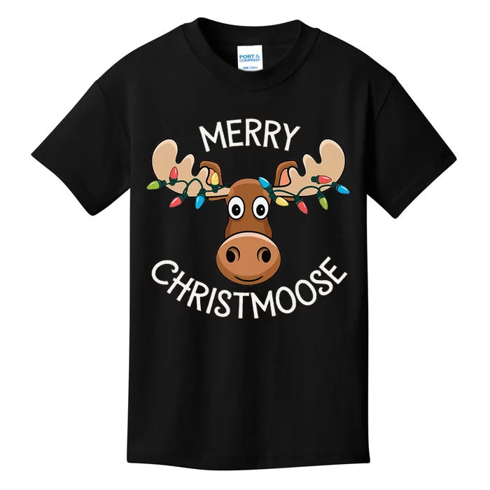 Merry Christmoose Christmas Moose Xmas Lover Holiday Lights Kids T-Shirt