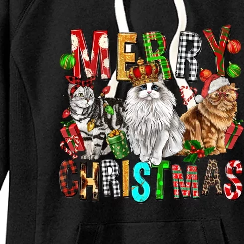 Merry Christmas Cat Santa Hat Pajamas Christmas Cat Lover Great Gift Women's Fleece Hoodie