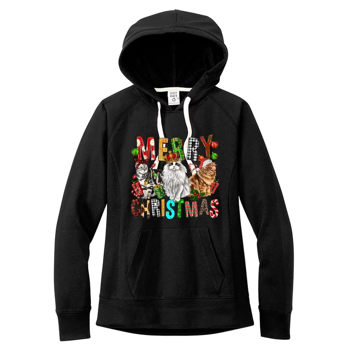 Merry Christmas Cat Santa Hat Pajamas Christmas Cat Lover Great Gift Women's Fleece Hoodie