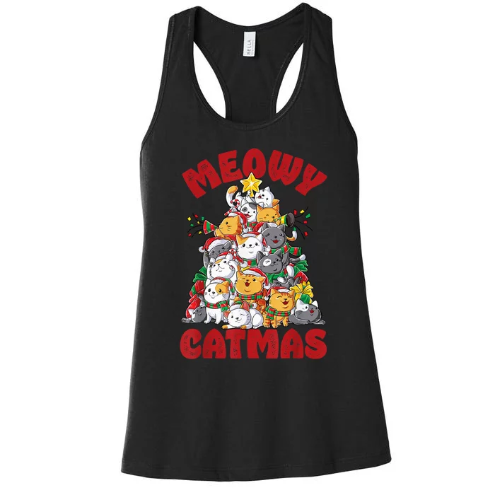 Meowy Catmas Cat Christmas Tree Xmas Girls Boy Funny Santa Women's Racerback Tank