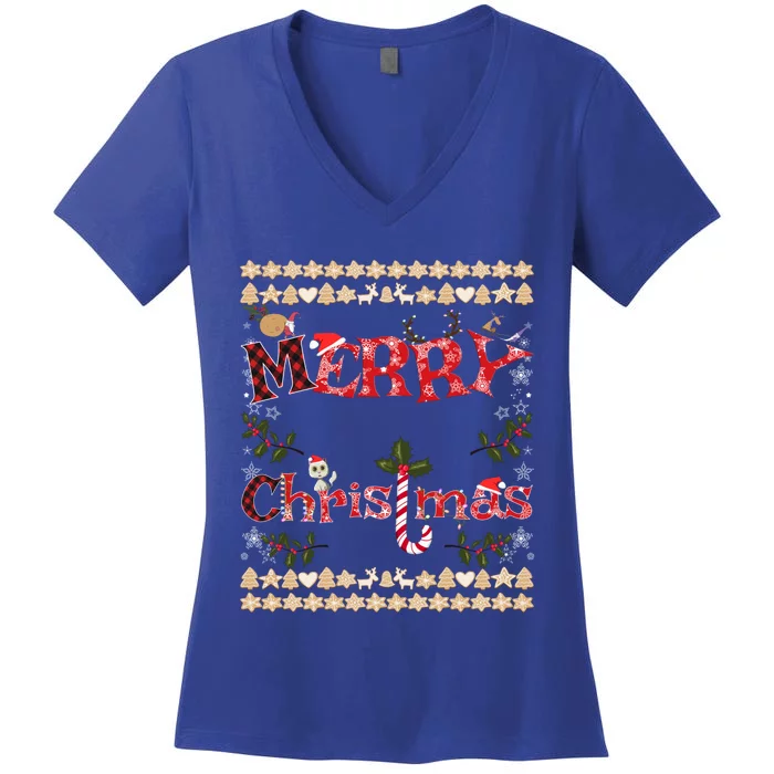 Merry Christmas Cute Gnome Snowflakes Gingerbread Ugly Xmas Cool Gift Women's V-Neck T-Shirt