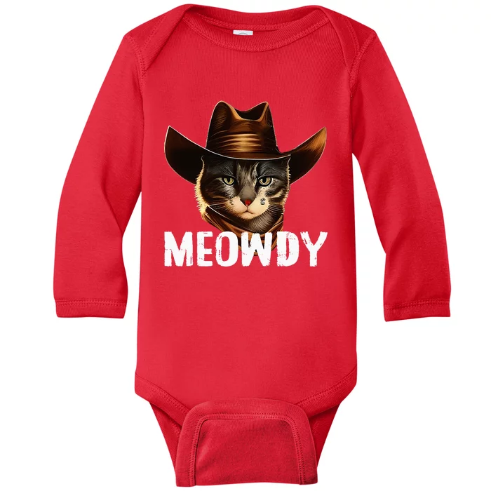 Meowdy Cat Cowboy Funny Cat Meme Baby Long Sleeve Bodysuit