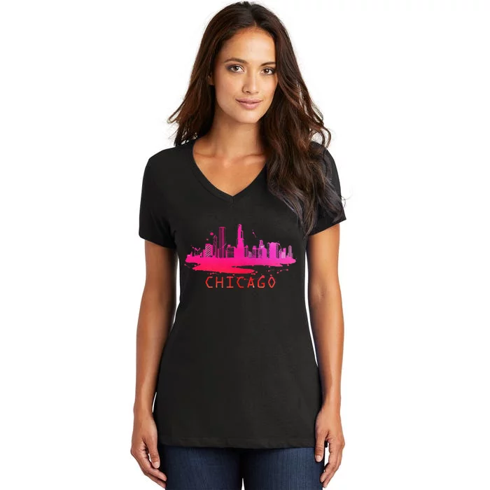 Modern Chicago Cityscape Souvenir Chicago Skyline Women's V-Neck T-Shirt