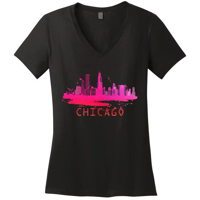 Modern Chicago Cityscape Souvenir Chicago Skyline Women's V-Neck T-Shirt