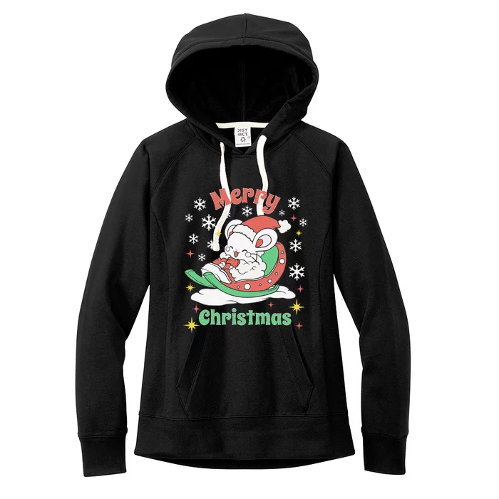 Merry Christmas Cute Mouse Winter Sleigh Women's Fleece Hoodie