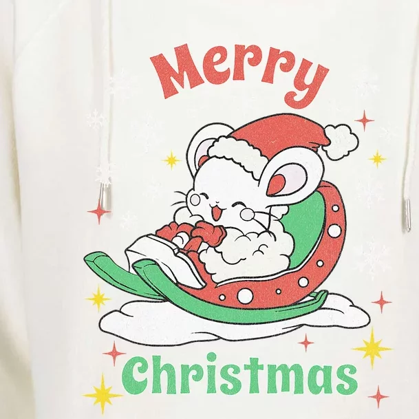 Merry Christmas Cute Mouse Winter Sleigh Womens Funnel Neck Pullover Hood