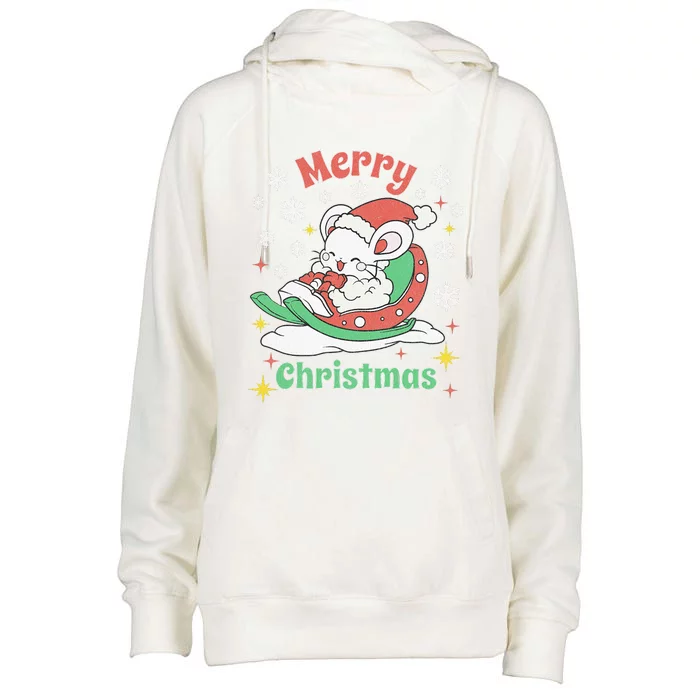 Merry Christmas Cute Mouse Winter Sleigh Womens Funnel Neck Pullover Hood