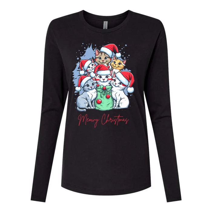 Meowy Christmas Cat Lover Holiday Womens Cotton Relaxed Long Sleeve T-Shirt