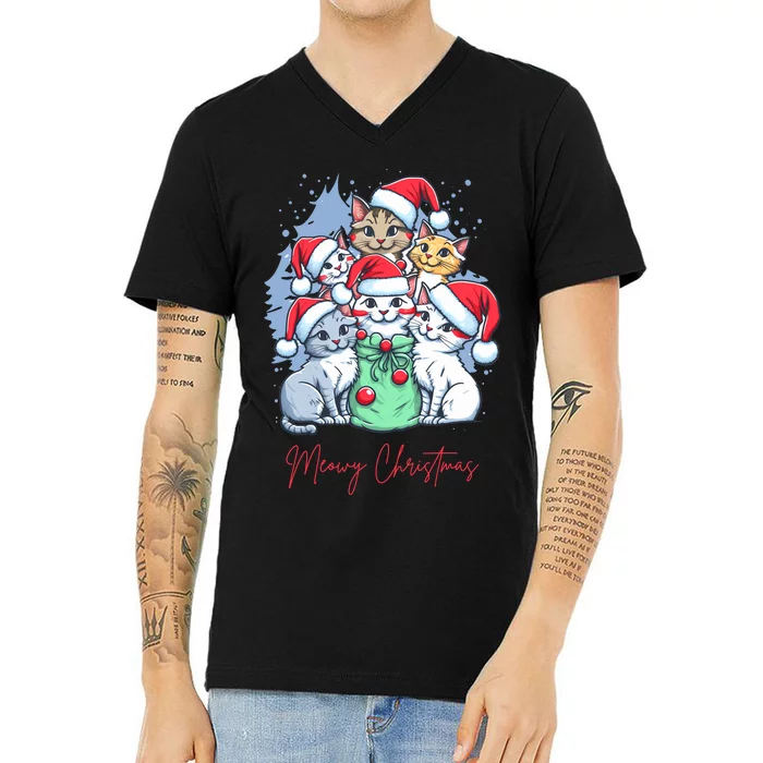 Meowy Christmas Cat Lover Holiday V-Neck T-Shirt