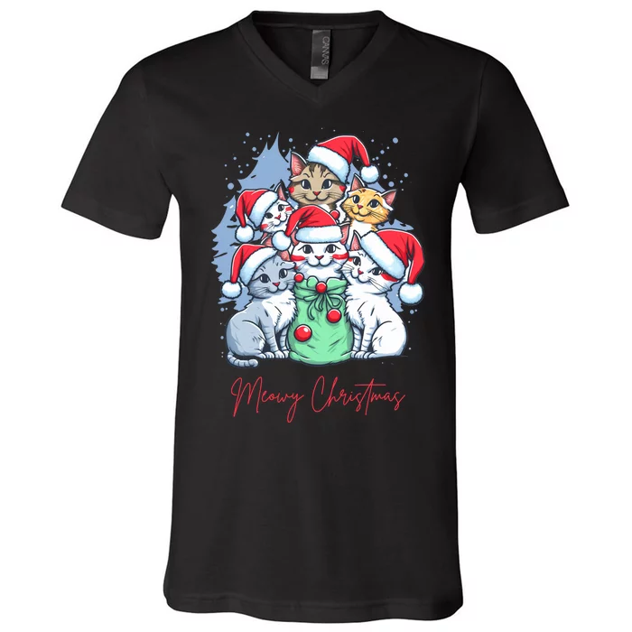 Meowy Christmas Cat Lover Holiday V-Neck T-Shirt