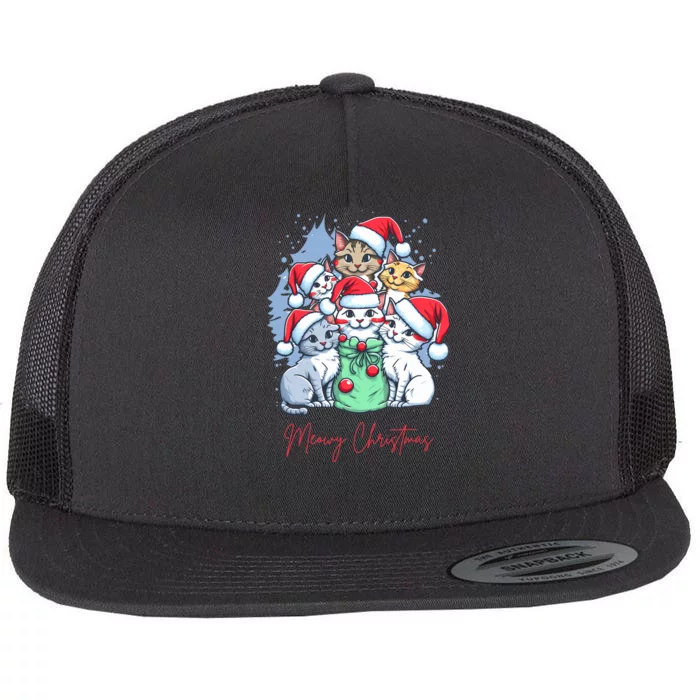 Meowy Christmas Cat Lover Holiday Flat Bill Trucker Hat